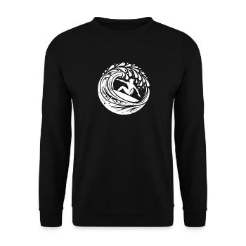 Surfer der mit Surfboard in den Wellen surft - Unisex Pullover - Schwarz - Vorne - Alina (178cm) & Michal (187cm)