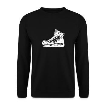 Vintage Natur Wald Wanderstiefel mit Bäumen - Unisex Pullover - Schwarz - Vorne - Alina (178cm) & Michal (187cm)
