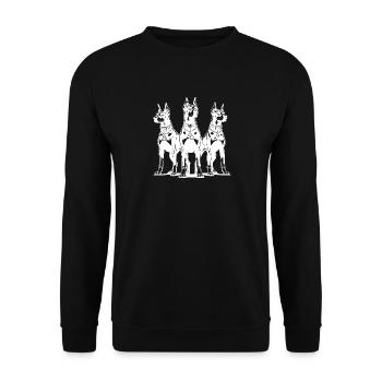 Drei Dobermänner Hunde wachsam und aufmerksam - Unisex Pullover - Schwarz - Vorne - Alina (178cm) & Michal (187cm)