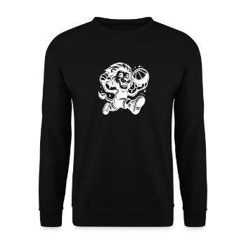 Strahlender Löwe stürmisch mit Basketball - Unisex Pullover - Schwarz - Vorne - Alina (178cm) & Michal (187cm)