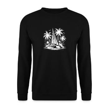Doppelrumpf Katamaran Segleboot mit Palmen - Unisex Pullover - Schwarz - Vorne - Alina (178cm) & Michal (187cm)