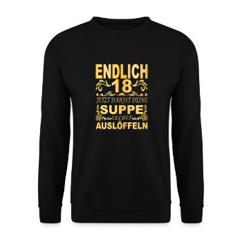 Endlich 18 18.Geburtstag Geschenk Junge Mädchen - Unisex Pullover - Schwarz - Vorne - Alina (178cm) & Michal (187cm)