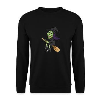 Lustiges Halloween Outfit coole Hexe auf Besen - Unisex Pullover - Schwarz - Vorne - Alina (178cm) & Michal (187cm)