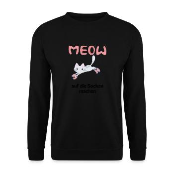 Meow Katze macht sich auf die Socken Miezekatze - Unisex Pullover - Schwarz - Vorne - Alina (178cm) & Michal (187cm)