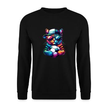 Bunte Fußballkatze bereit für das Spiel! - Fußball Kunst - Unisex Pullover - Schwarz - Vorne - Alina (178cm) & Michal (187cm)