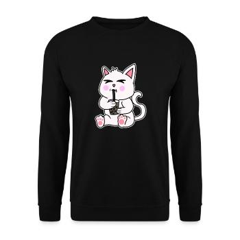 Bubble Tea Drinking White Cat Anime Kawaii - Unisex Sweatshirt - black - Front - Alina (178cm) & Michal (187cm)