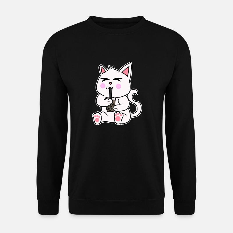 Bubble Tea Drinking White Cat Anime Kawaii - Unisex Sweatshirt - black