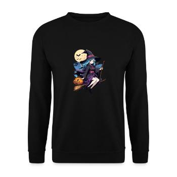 Halloween - Hexe mit Besen Grusel Manga - Unisex Pullover - Schwarz - Vorne - Alina (178cm) & Michal (187cm)