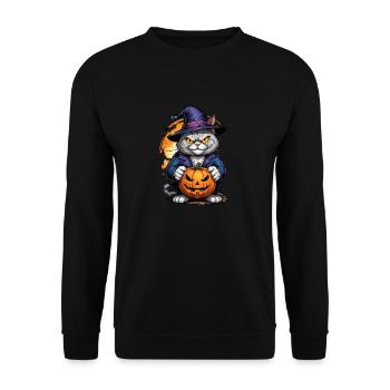 Halloween -Katze Grusel mit Kürbis - Unisex Pullover - Schwarz - Vorne - Alina (178cm) & Michal (187cm)