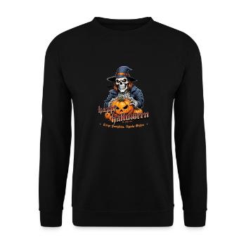 Halloween Totenkopf mit Kürbissen und Kapuze - Unisex Pullover - Schwarz - Vorne - Alina (178cm) & Michal (187cm)