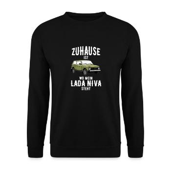 Zuhause Lada Niva 4x4 Offroad Geländewagen USSR - Unisex Pullover - Schwarz - Vorne - Alina (178cm) & Michal (187cm)