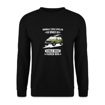 Opas Bingo Lada Niva 4x4 Offroad Geländewagen - Unisex Pullover - Schwarz - Vorne - Alina (178cm) & Michal (187cm)