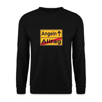 Alltag - Angeln - Ortsschild - Unisex Pullover - Schwarz - Vorne - Alina (178cm) & Michal (187cm)