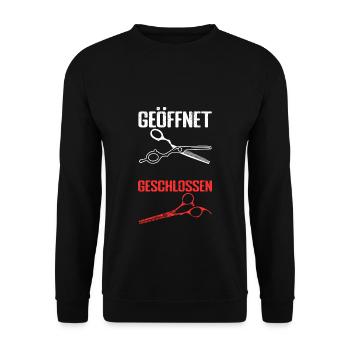 Friseure geöffnet geschlossen witziges Friseur Ges - Unisex Pullover - Schwarz - Vorne - Alina (178cm) & Michal (187cm)