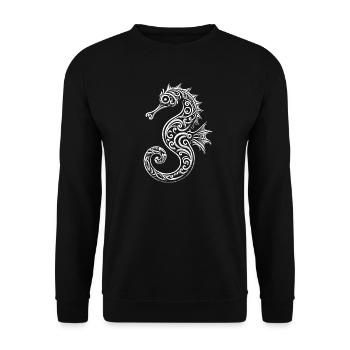 Seepferdchen im Tribal-Stil für Meeresliebhaber - Unisex Pullover - Schwarz - Vorne - Alina (178cm) & Michal (187cm)