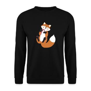 Verspielter Fuchs mit Zuckerstange für Weihnachten - Unisex Pullover - Schwarz - Vorne - Alina (178cm) & Michal (187cm)