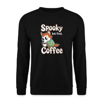 Kuschelfuchs mit Kaffee-Motiv - Unisex Pullover - Schwarz - Vorne - Alina (178cm) & Michal (187cm)