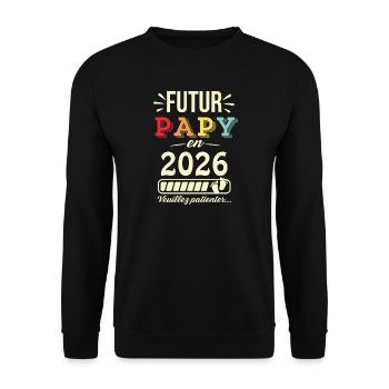 Zukunft Opa 2026 Humorvolles Baby Coming T-Shirt - Unisex Pullover - Schwarz - Vorne - Alina (178cm) & Michal (187cm)