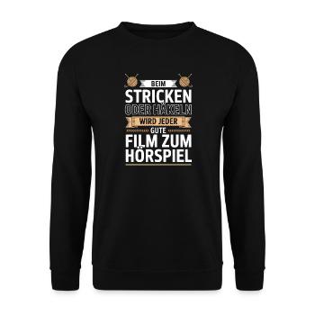 Beim Stricken oder Häkeln Hörspiel - Unisex Pullover - Schwarz - Vorne - Alina (178cm) & Michal (187cm)