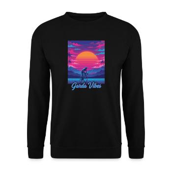 Garda Vibes 80er Vaporwave Radfahrer Neon-Kunst - Unisex Pullover - Schwarz - Vorne - Alina (178cm) & Michal (187cm)