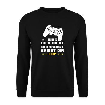 Gaming Motto EXP: Was dich nicht umbringt - Unisex Pullover - Schwarz - Vorne - Alina (178cm) & Michal (187cm)