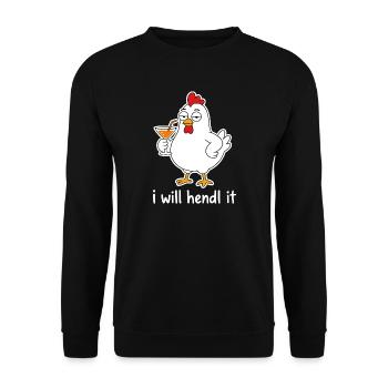 I Can Hendl It – Lustiges Hühner-Wortspiel - Unisex Pullover - Schwarz - Vorne - Alina (178cm) & Michal (187cm)