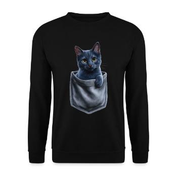 Russisch Blau Katze in der Tasche Geschenk - Unisex Pullover - Schwarz - Vorne - Alina (178cm) & Michal (187cm)