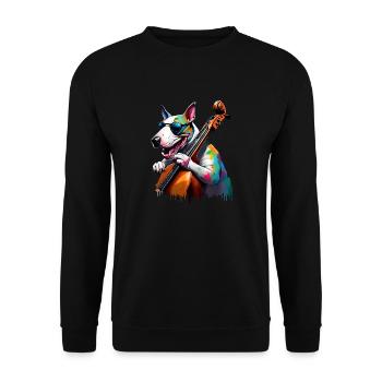 Englischer Bullterrier spielt einen akustischen Jazzbass - Unisex Pullover - Schwarz - Vorne - Alina (178cm) & Michal (187cm)
