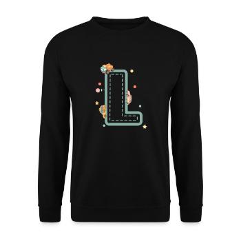 Buchstabe l Fahrzeug - personalisiertes Kindergeschenk - Unisex Pullover - Schwarz - Vorne - Alina (178cm) & Michal (187cm)