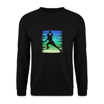 Handball Handballspieler im Schuß aufs Tor - Unisex Pullover - Schwarz - Vorne - Alina (178cm) & Michal (187cm)