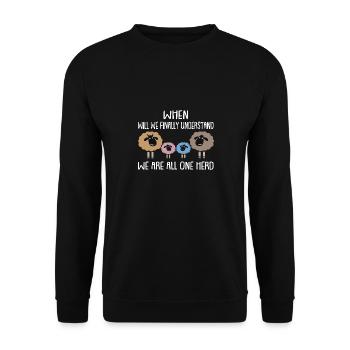 Wann bekommen wir es? Wir sind eine Herde - Unisex Pullover - Schwarz - Vorne - Alina (178cm) & Michal (187cm)