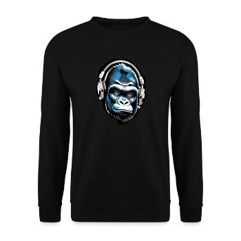 Musik Affe Gorilla mit Kopfhoerer als Geschenkidee - Unisex Pullover - Schwarz - Vorne - Alina (178cm) & Michal (187cm)