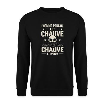 Der perfekte Mann hat eine Glatze und einen Bart - Unisex Pullover - Schwarz - Vorne - Alina (178cm) & Michal (187cm)