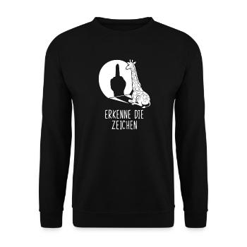 Erkenne die Zeichen Giraffe Mittelfinger lustig - Unisex Pullover - Schwarz - Vorne - Alina (178cm) & Michal (187cm)