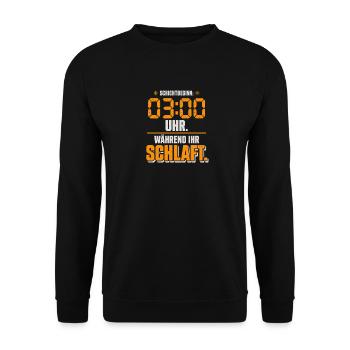 Schichtbeginn 03:00 Uhr Spruch - Unisex Pullover - Schwarz - Vorne - Alina (178cm) & Michal (187cm)