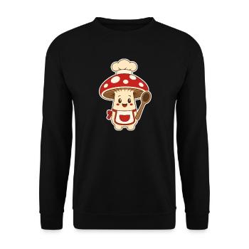 Pilz Koch mit Kochlöffel & Schürze T-Shirt - Unisex Pullover - Schwarz - Vorne - Alina (178cm) & Michal (187cm)