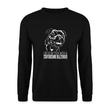 STAFFORDSHIRE BULLTERRIER Life is better Wilsigns - Sweat-shirt Unisexe - noir - Devant - Alina (178cm) & Michal (187cm)