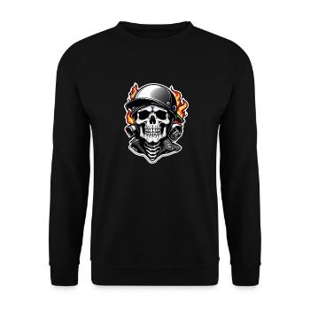Motorrad im Retro-Stil - Totenkopf und Skelett - Unisex Pullover - Schwarz - Vorne - Alina (178cm) & Michal (187cm)