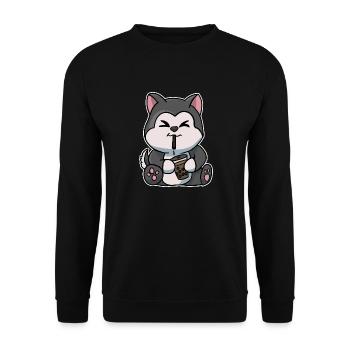 Anime Kawaii Bubble Tea Drinking Husky Hand Drawn - Unisex Sweatshirt - black - Front - Alina (178cm) & Michal (187cm)