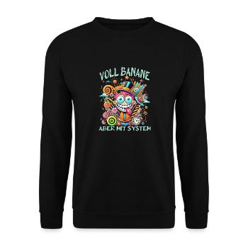 Lustiger Spruch - Voll Banane, aber mit System - Unisex Pullover - Schwarz - Vorne - Alina (178cm) & Michal (187cm)