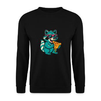 Waschbär mit Sonnenbrille isst Pizza - Unisex Pullover - Schwarz - Vorne - Alina (178cm) & Michal (187cm)