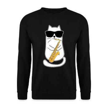 Lustiger Saxophon Katze Jazzmusik Saxophonist - Unisex Pullover - Schwarz - Vorne - Alina (178cm) & Michal (187cm)