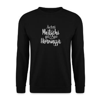 Ächti Meitschi gö go Hornussä - Unisex Pullover - Schwarz - Vorne - Alina (178cm) & Michal (187cm)