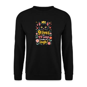 MY CAT HAS 9 LIVES AND 99 WAYS TO MAKE ME LAUGH - Unisex Sweatshirt - black - Front - Alina (178cm) & Michal (187cm)