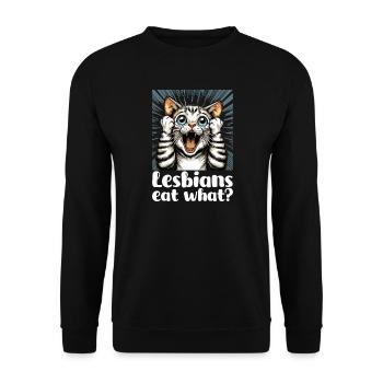 Lesben essen was? Katzen Katze Geschenk - Unisex Pullover - Schwarz - Vorne - Alina (178cm) & Michal (187cm)