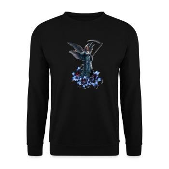 Engel mit blauem Blütenkranz - Unisex Pullover - Schwarz - Vorne - Alina (178cm) & Michal (187cm)