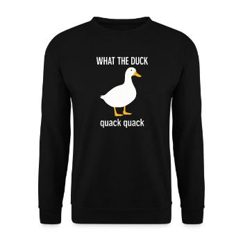 Lustige Ente Sprüche Was für eine Ente  - Unisex Pullover - Schwarz - Vorne - Alina (178cm) & Michal (187cm)