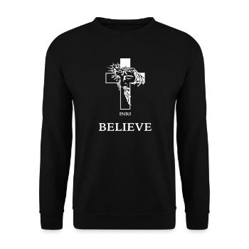 Believe – Modern Cross with Jesus - Unisex Sweatshirt - black - Front - Alina (178cm) & Michal (187cm)