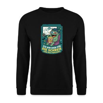 Horror Kino Schreien Popcorn Spruch - Unisex Pullover - Schwarz - Vorne - Alina (178cm) & Michal (187cm)