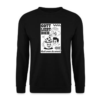 Gott liebt dich Lustig Cartoon - Unisex Pullover - Schwarz - Vorne - Alina (178cm) & Michal (187cm)